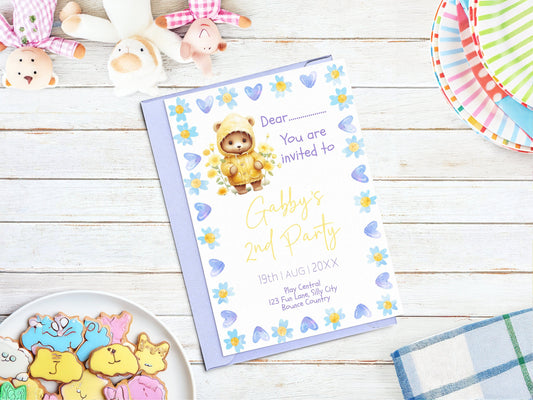 Personalised Children's Birthday Invitation - Fully editable Teddy Bear in Yellow Mac with Blue Floral and Heart Border - 7x5