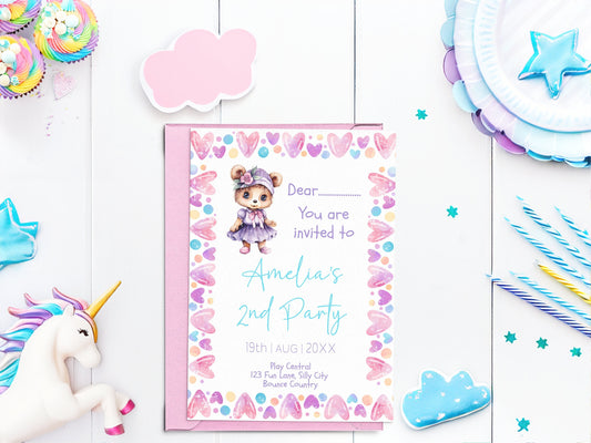 Children's Birthday Invitation - Fully editable Teddy Bear in purple dress with pretty pink hearts template- 7x5