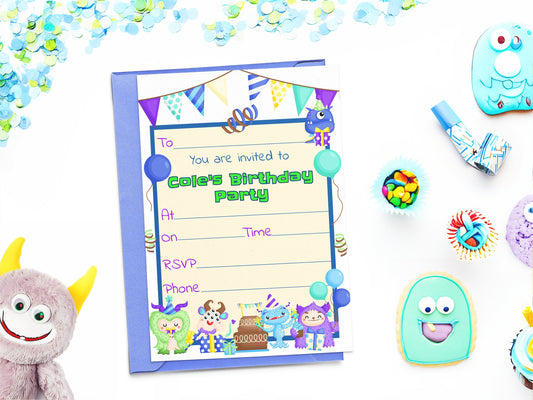 Children's Monster Birthday Invitation - Fully editable cute and funny monster themed template - 7x5