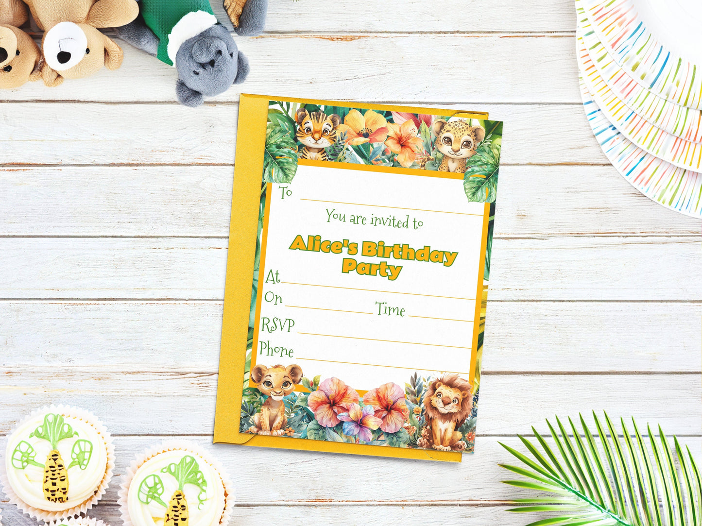 Jungle themed children's birthday invitation - Fully editable baby animal themed template, including tiger, lion, cheetah, leopard - 7x5