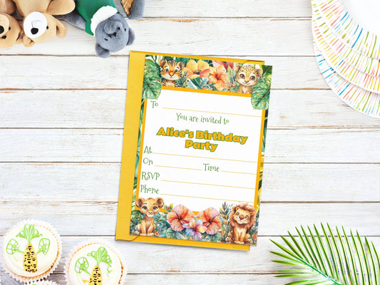 Jungle themed children's birthday invitation - Fully editable baby animal themed template, including tiger, lion, cheetah, leopard - 7x5