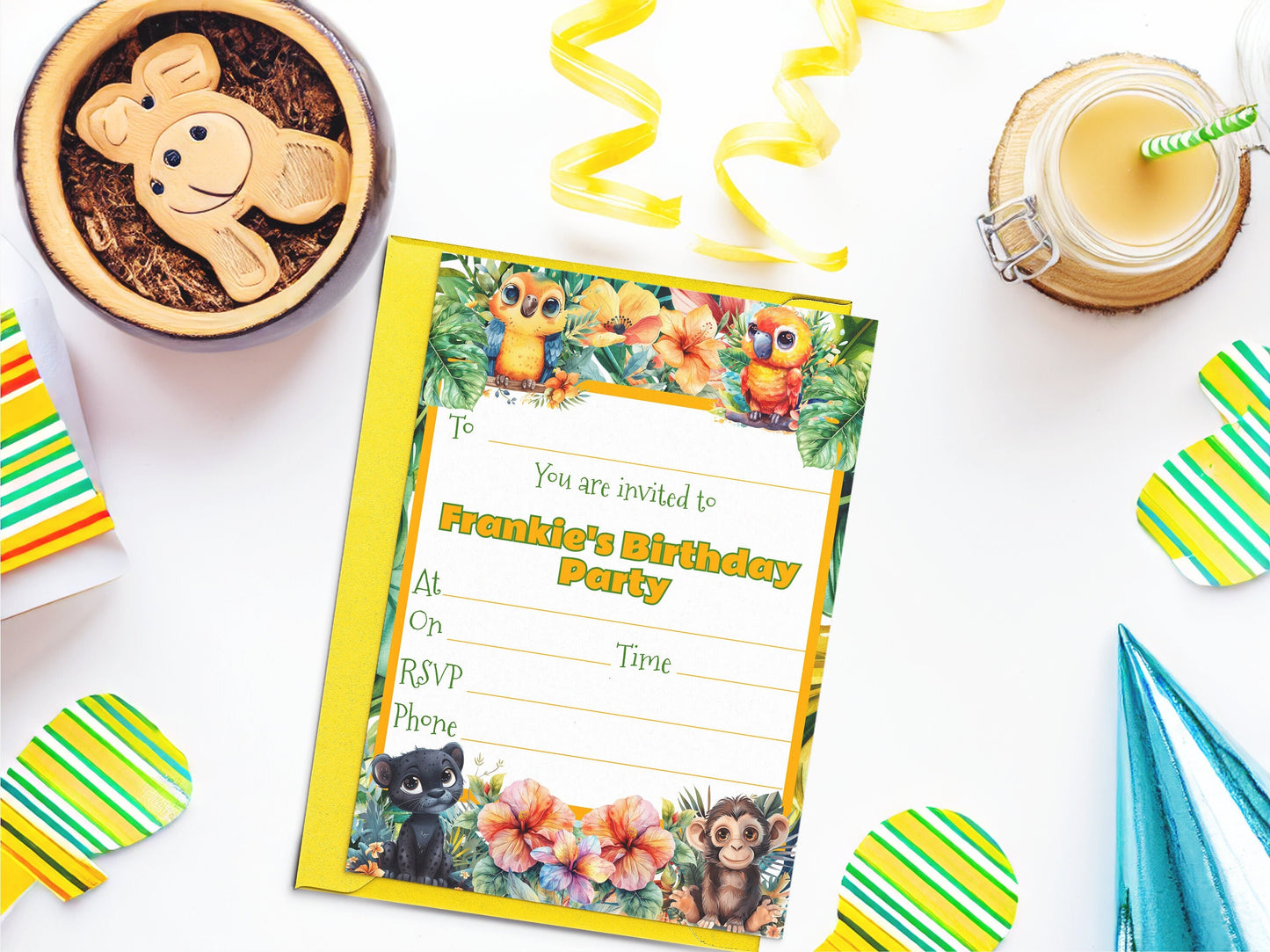 Jungle theme children's birthday invite - Fully editable baby animal template, with cheeky chimpanzee, black jaguar, colourful parrots - 7x5