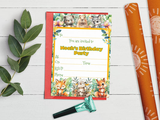 Forest theme children's birthday invite - Fully editable baby animal template, with fox, squirrel, wolf, beaver, bear, capybara - 7x5