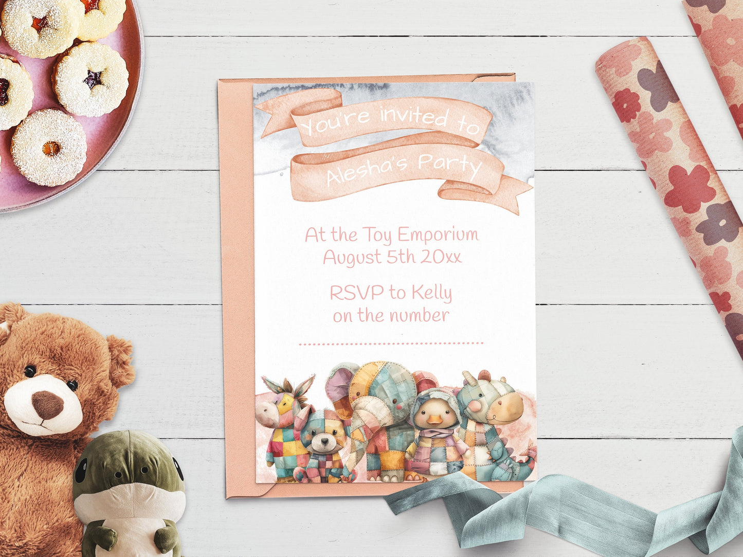 Pink patchwork teddies children's birthday invite - Fully editable cute animal toys template, with watercolour splashes - 7x5