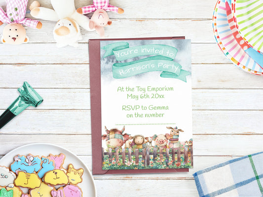 Farm animals, patchwork teddies children's party invite - Fully editable cute animal toys template, with watercolour splashes - 7x5