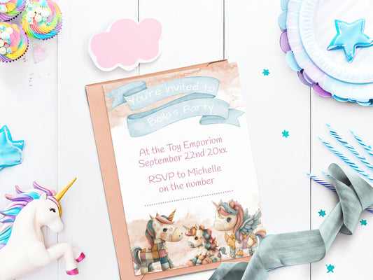 Unicorn, patchwork teddies children's party invite - Fully editable cute animal toys template, with watercolour splashes - 7x5