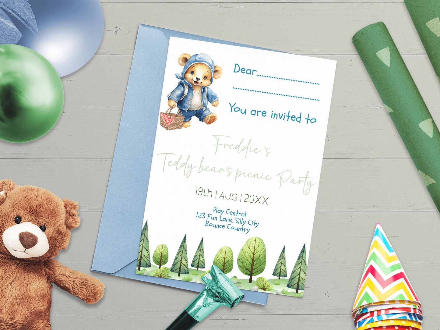 Boy's teddy bear picnic children's invitation - Fully editable kid's forest theme template - custom birthday party invite 7x5