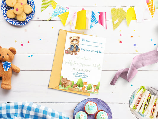 Girl's teddy bear picnic children's invitation - Fully editable kid's forest theme template - custom woodland birthday party invite 7x5