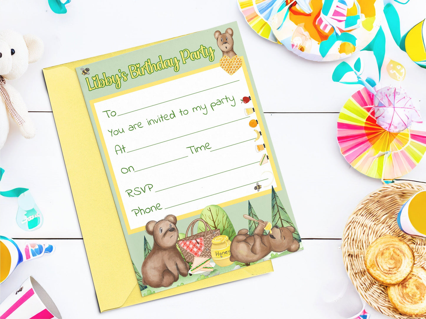 Teddy bear picnic children's invitation - Fully editable kid's woodland theme template - custom forest birthday party invite 7x5