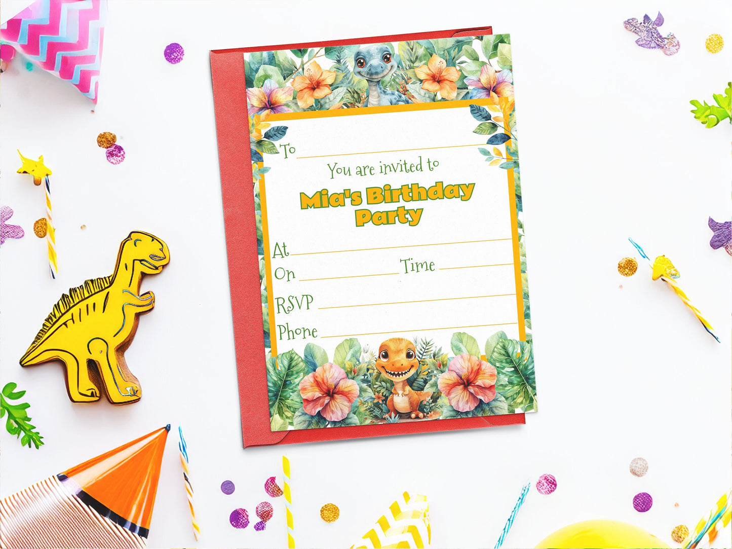 Dinosaur theme children's birthday party invite - Fully editable baby dino template, with colourful flowers and green leafs - 7x5