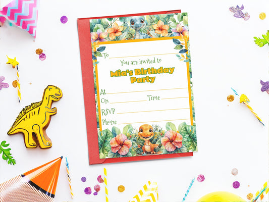 Dinosaur theme children's birthday party invite - Fully editable baby dino template, with colourful flowers and green leafs - 7x5