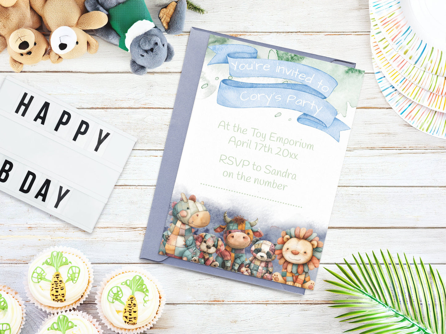 Blue patchwork teddies children's birthday invite - Fully editable cute animal toys template, with watercolour splashes - 7x5