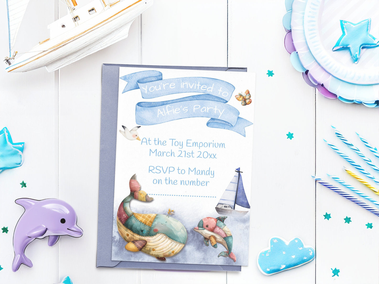 Nautical sea animals, patchwork teddies children's party invite - Fully editable cute animal toys template, with watercolour splashes - 7x5