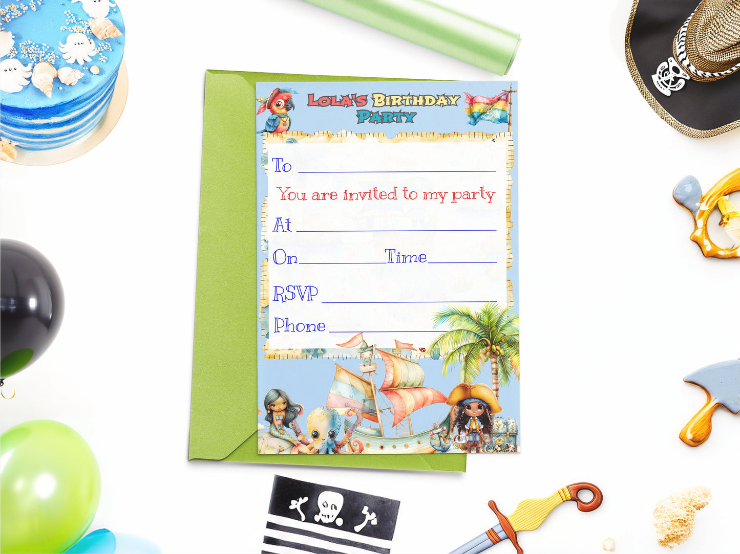 Personalised girl's pirate and mermaid invite - Fully editable interchangeable character template, with sea adventure theme - 7x5