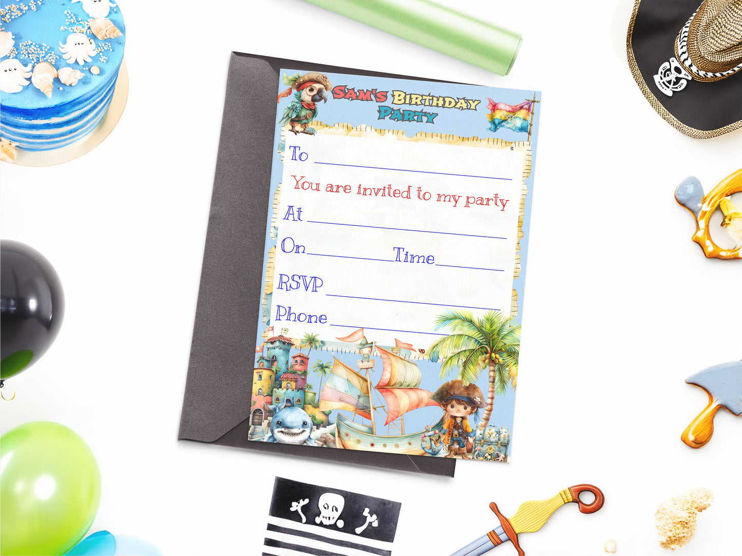 Personalised boys's pirate and shark invite - Fully editable interchangeable character template, with sea adventure theme - 7x5