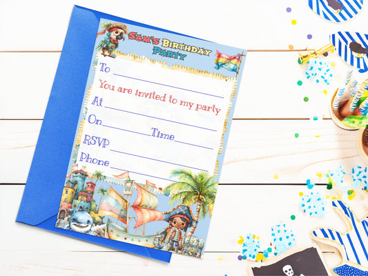 Personalised boys's pirate and shark invite - Fully editable interchangeable character template, with sea adventure theme - 7x5