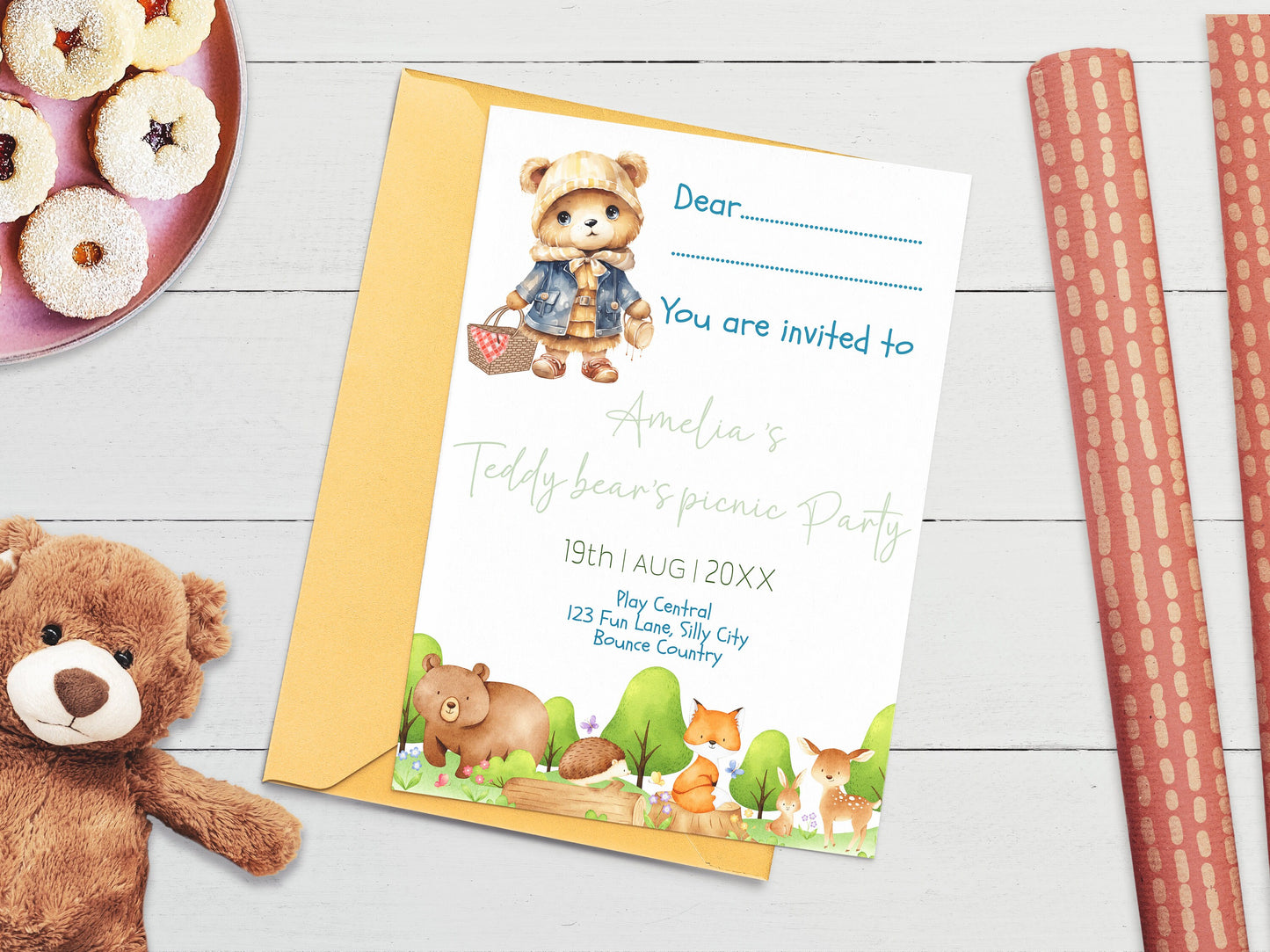 Girl's teddy bear picnic children's invitation - Fully editable kid's forest theme template - custom woodland birthday party invite 7x5