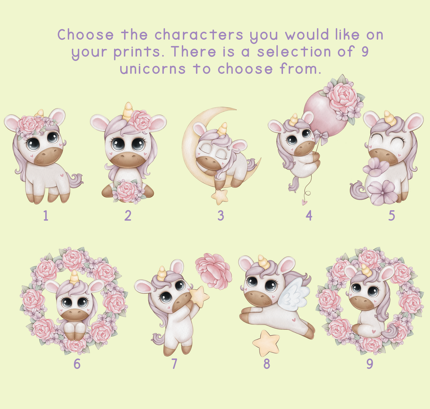 Adorable unicorn prints, personalised with a beautiful floral initial