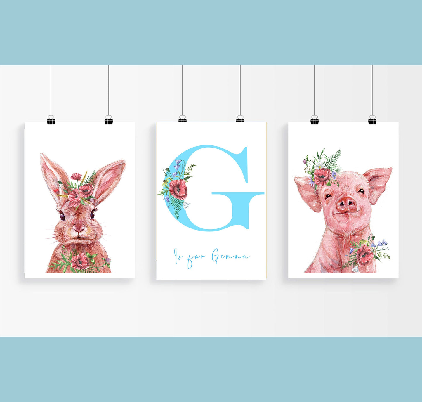 Children's wild animal prints | Set of 3 forest portraits | Choose your own images | matching red flower initial | A3 | Square | A4 | A5