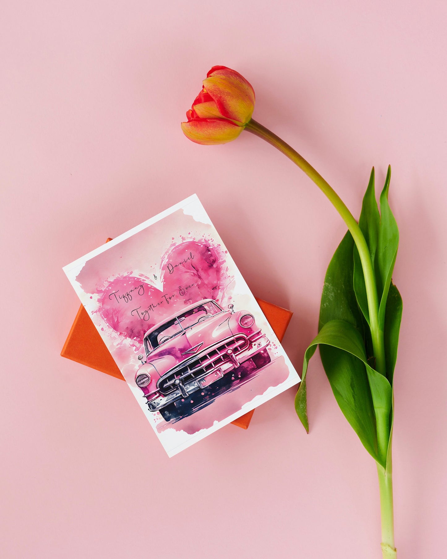 Pink vintage car print for couples | greeting card | A4 | A5 | gift for girlfriend or boyfriend | Husband or wife present