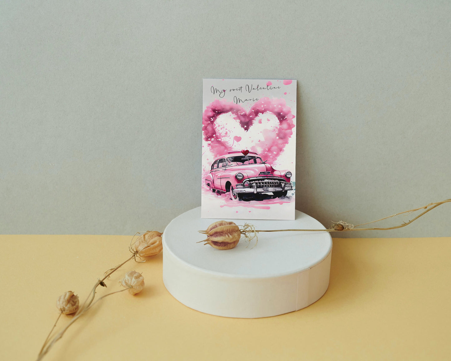 Pink vintage car print for couples | greeting card | A4 | A5 | gift for girlfriend or boyfriend | Husband or wife present