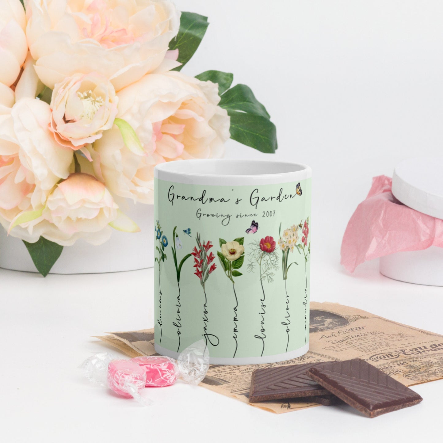 Grandmas garden white glossy mug set with multiple colour options