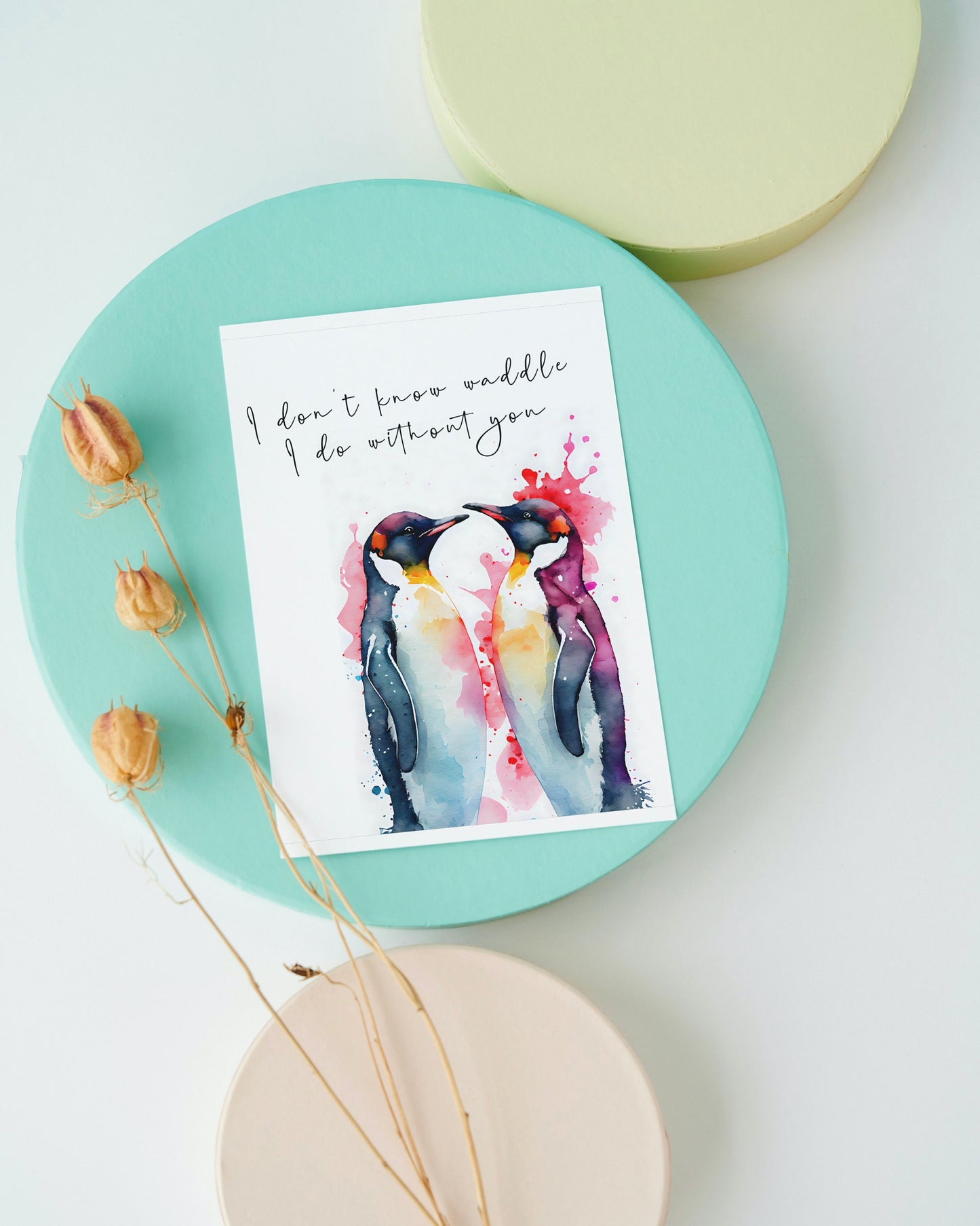 Adorable penguin couple artwork | greeting card | A4 | A5 | gift for girlfriend or boyfriend | Husband or wife present