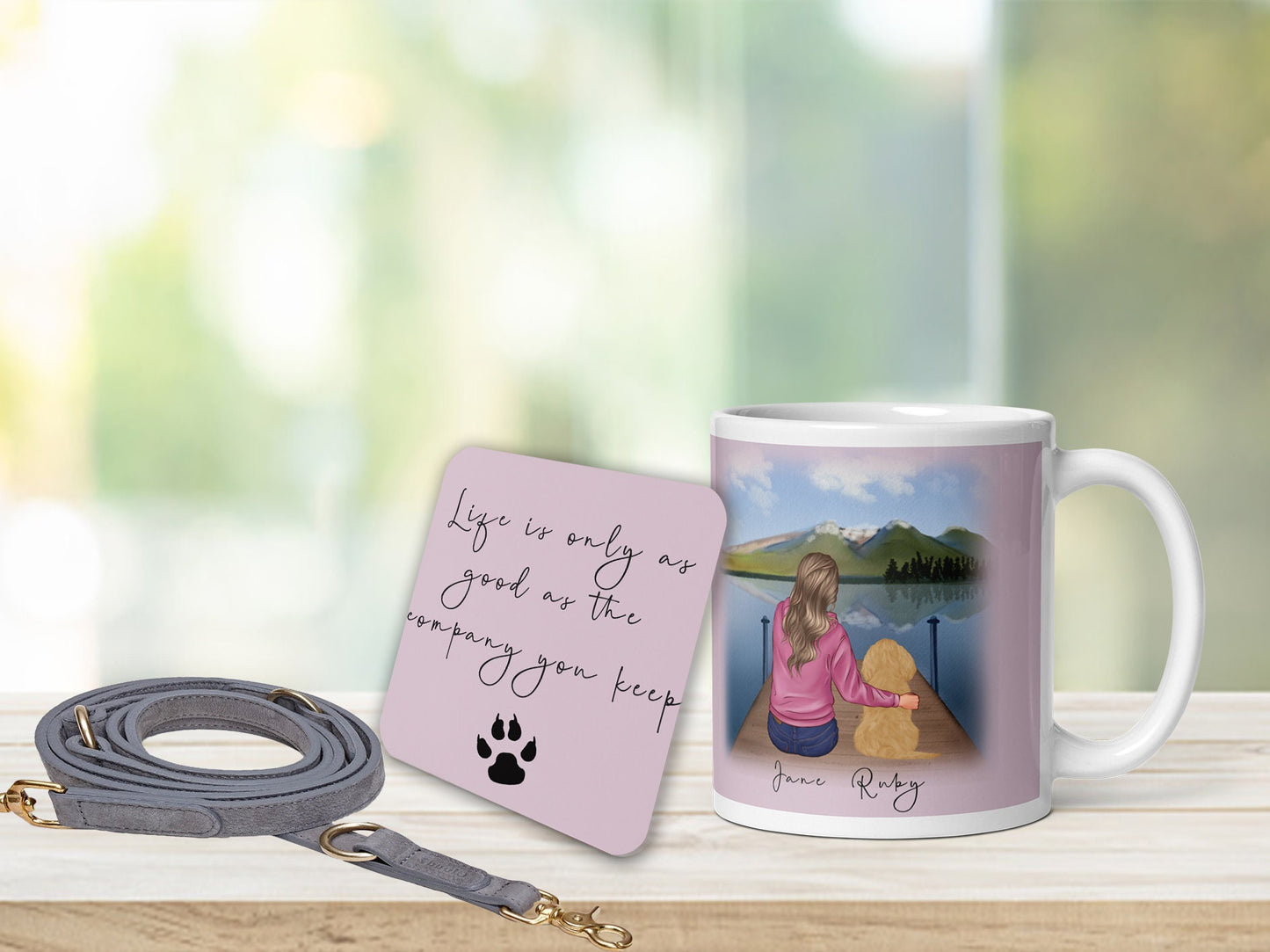 Personalised glossy mug and coaster set | dog with owner design | two sizes 11oz, 15oz | colourful backgrounds