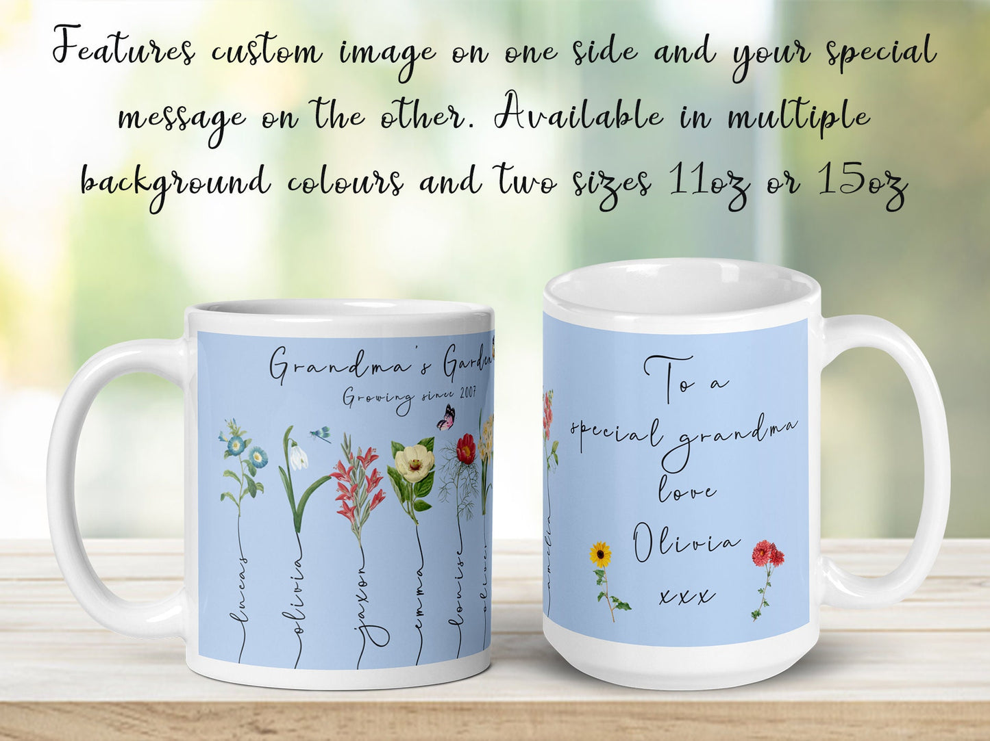 Grandmas garden white glossy mug set with multiple colour options