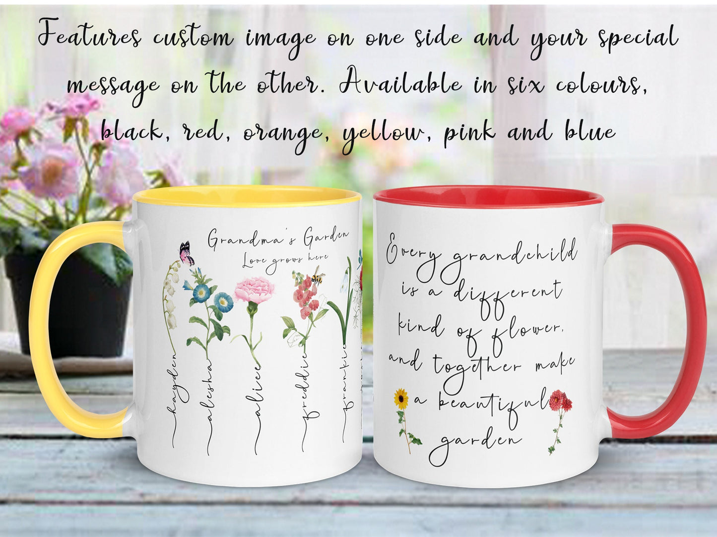 Nannas garden mug and coaster set with red, yellow, orange, blue, pink or black colour inside