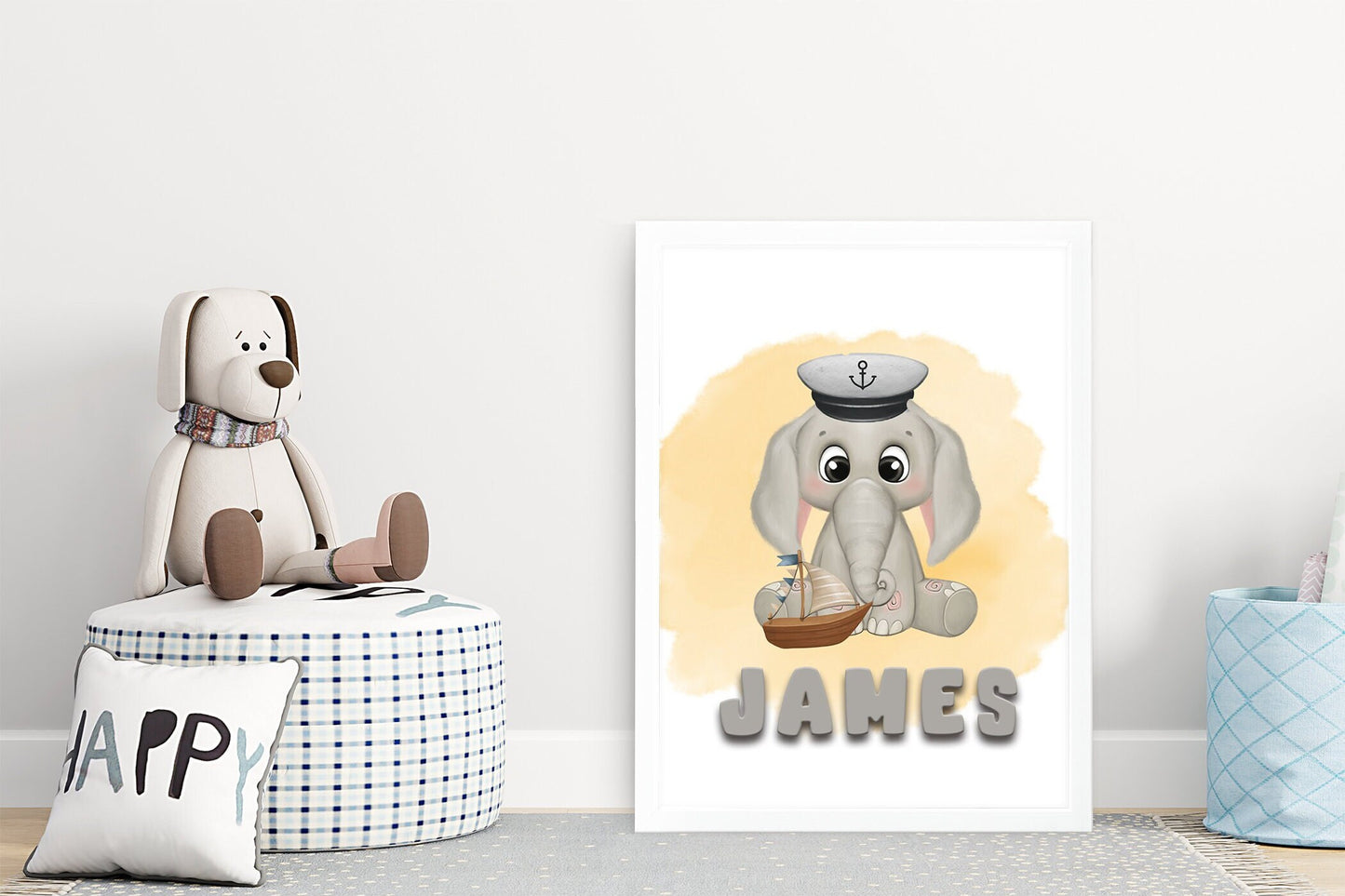Elephant nursery pictures, cute baby animal artwork - personalise with any message | Be kind | born on dates | names