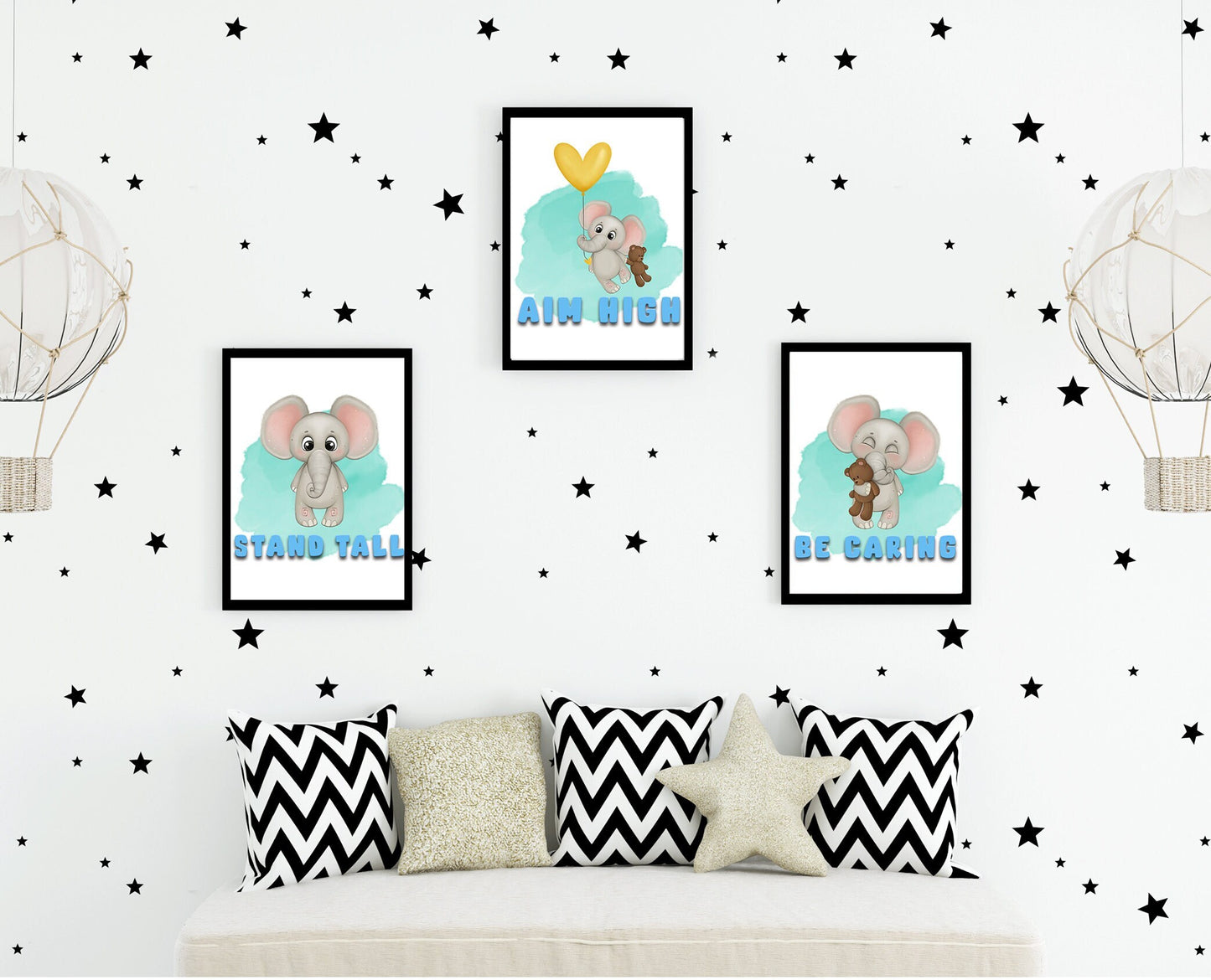 Elephant nursery pictures, cute baby animal artwork - personalise with any message | Be kind | born on dates | names