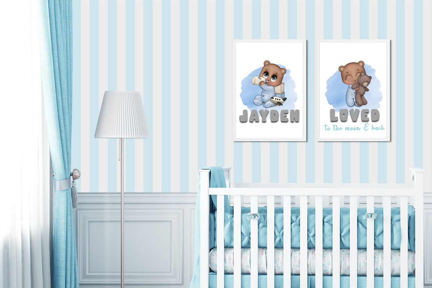 Bunny rabbit or teddy bear print collections, personalise with any message, available in 5 pastel colours and 14 characters to choose from