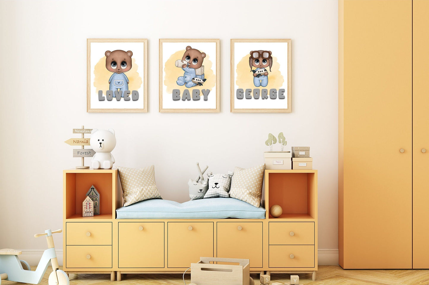 Bunny rabbit or teddy bear print collections, personalise with any message, available in 5 pastel colours and 14 characters to choose from