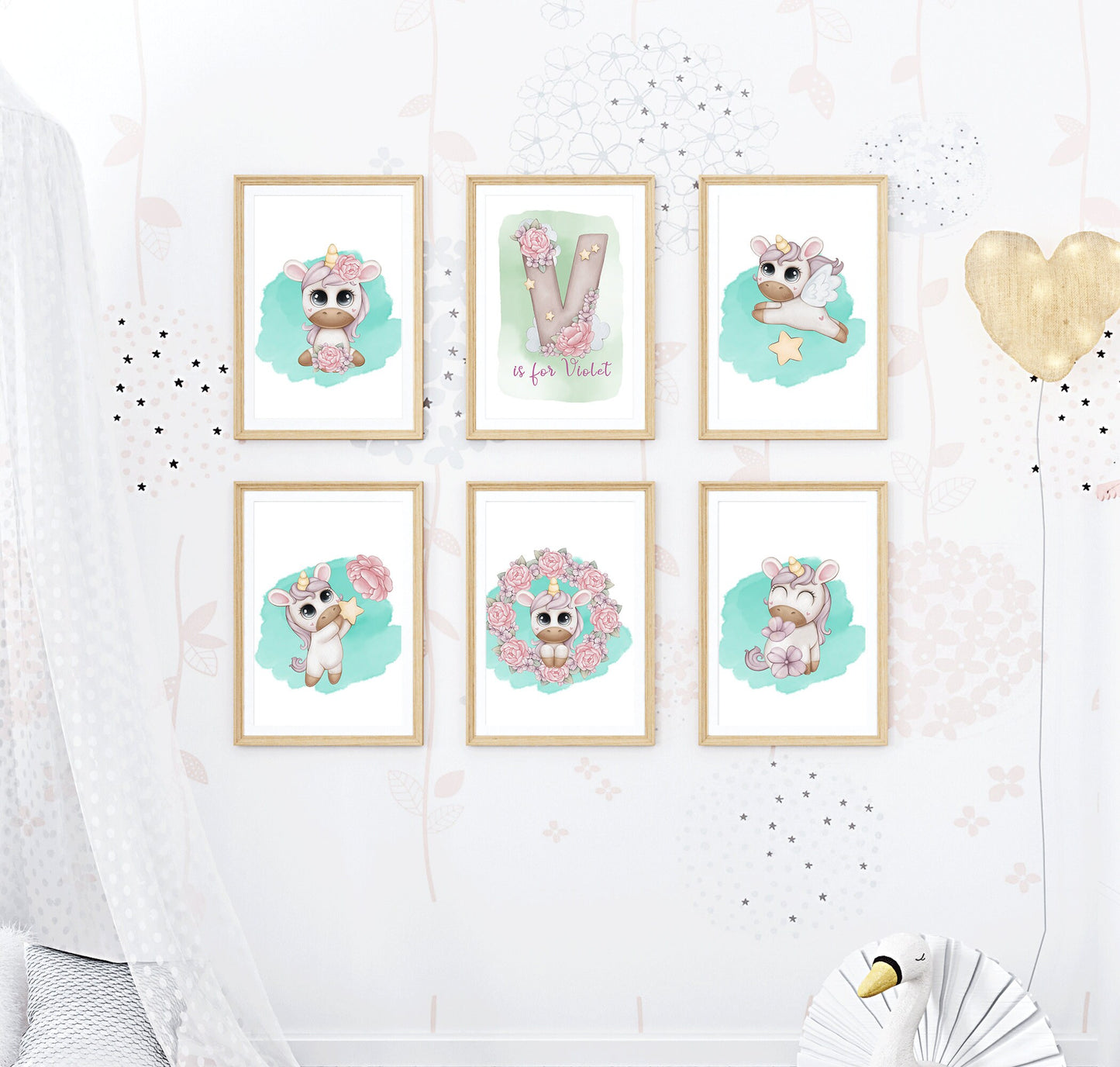 Adorable unicorn prints, personalised with a beautiful floral initial