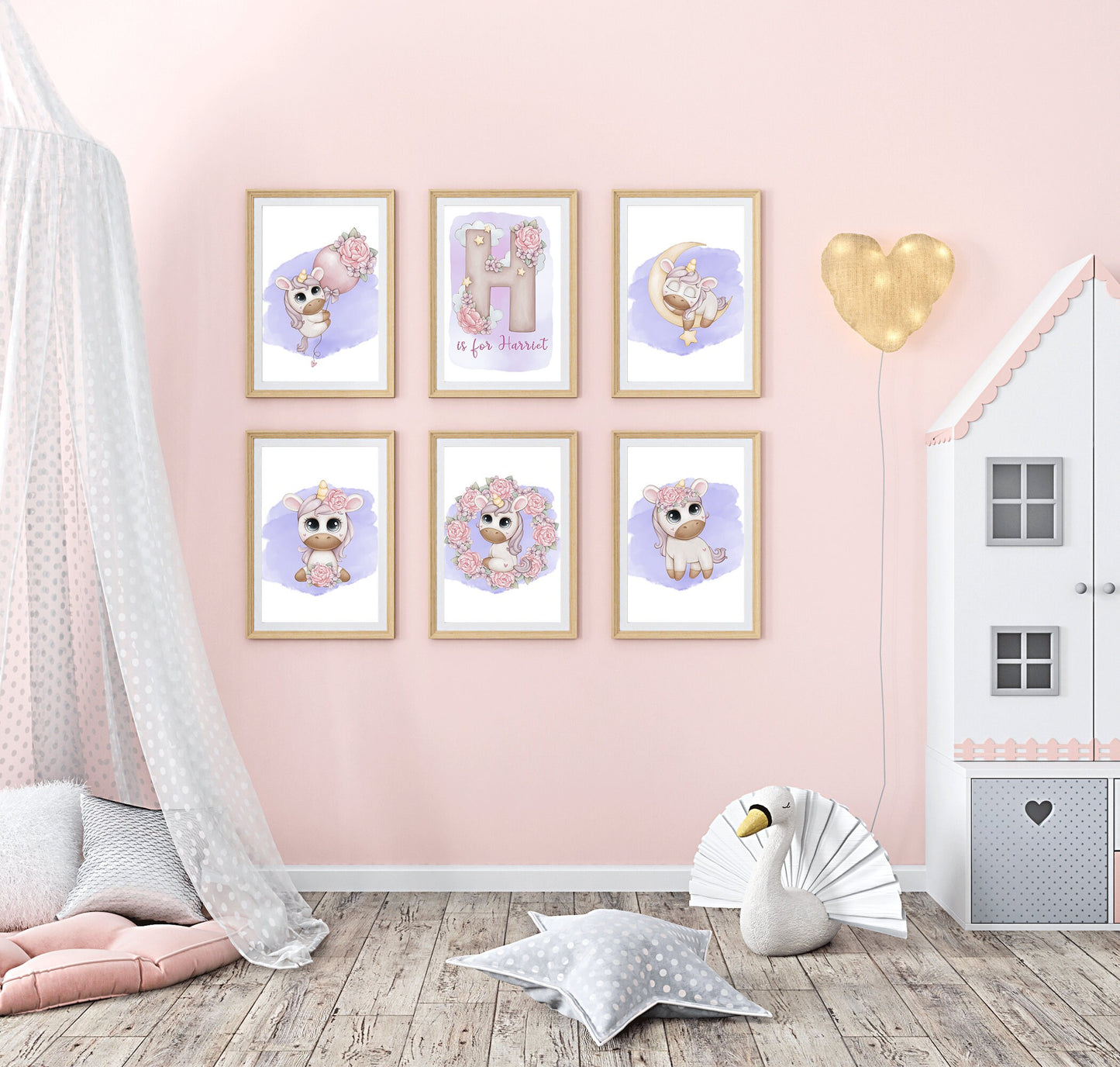 Adorable unicorn prints, personalised with a beautiful floral initial