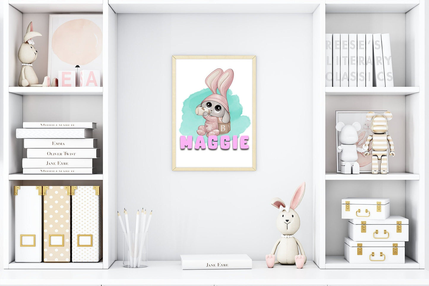 Bunny rabbit or teddy bear print collections, personalise with any message, available in 5 pastel colours and 14 characters to choose from