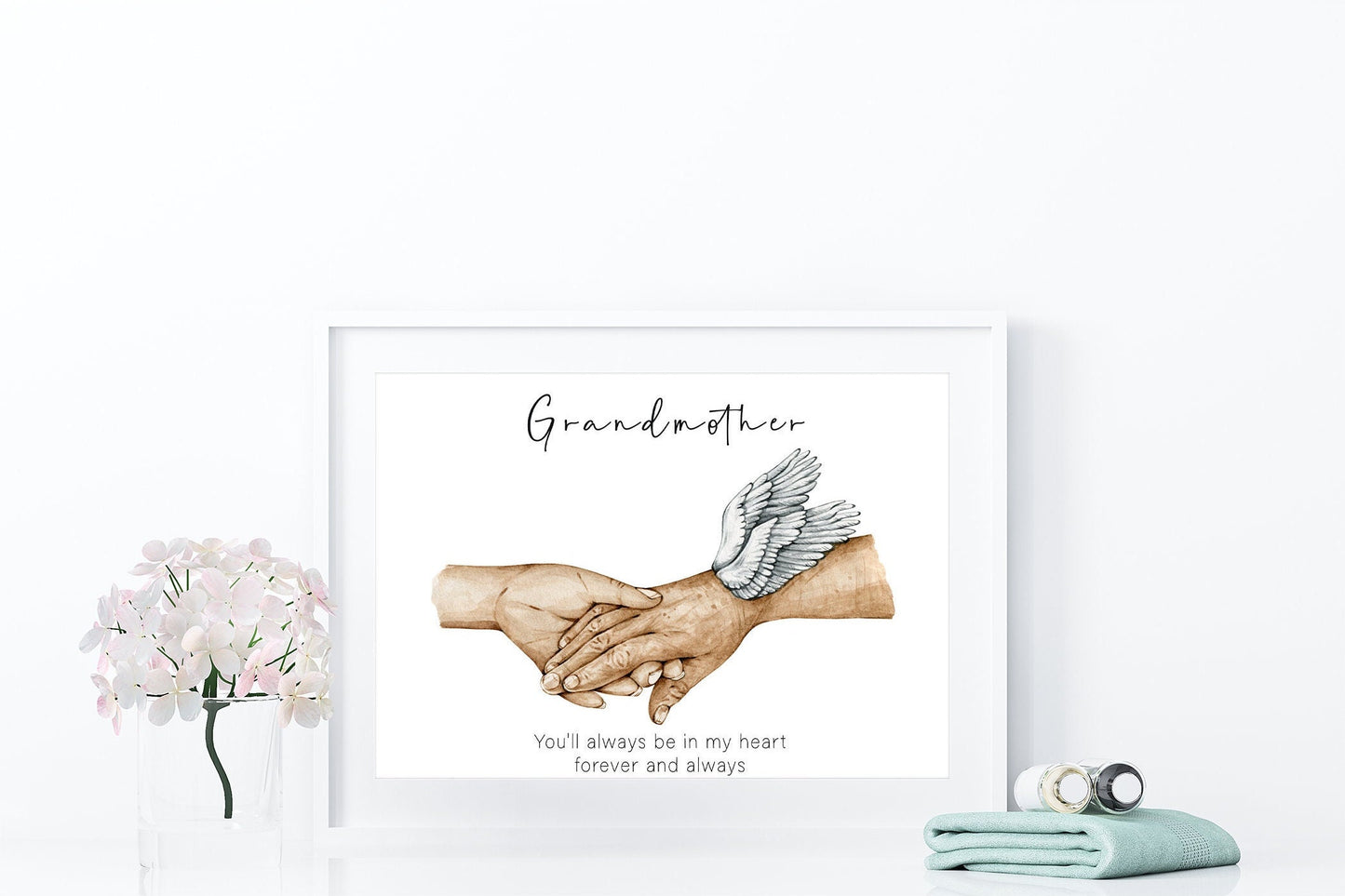 Grandma angel hands memorial portrait | Grandparent loss print | Black and white or full colour | A3 | A4 | A5 |