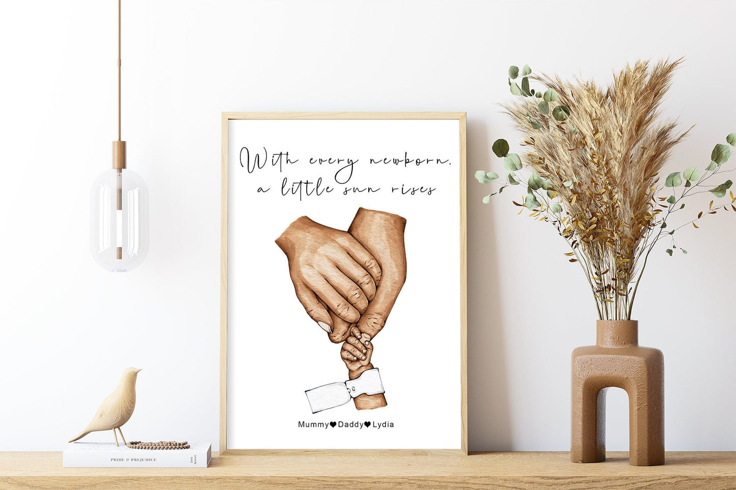 Parents with new baby, twins or triplets | Mummy and daddy with child's hand | Natural skin tones or Black and white | A3 | A4 | A5 |