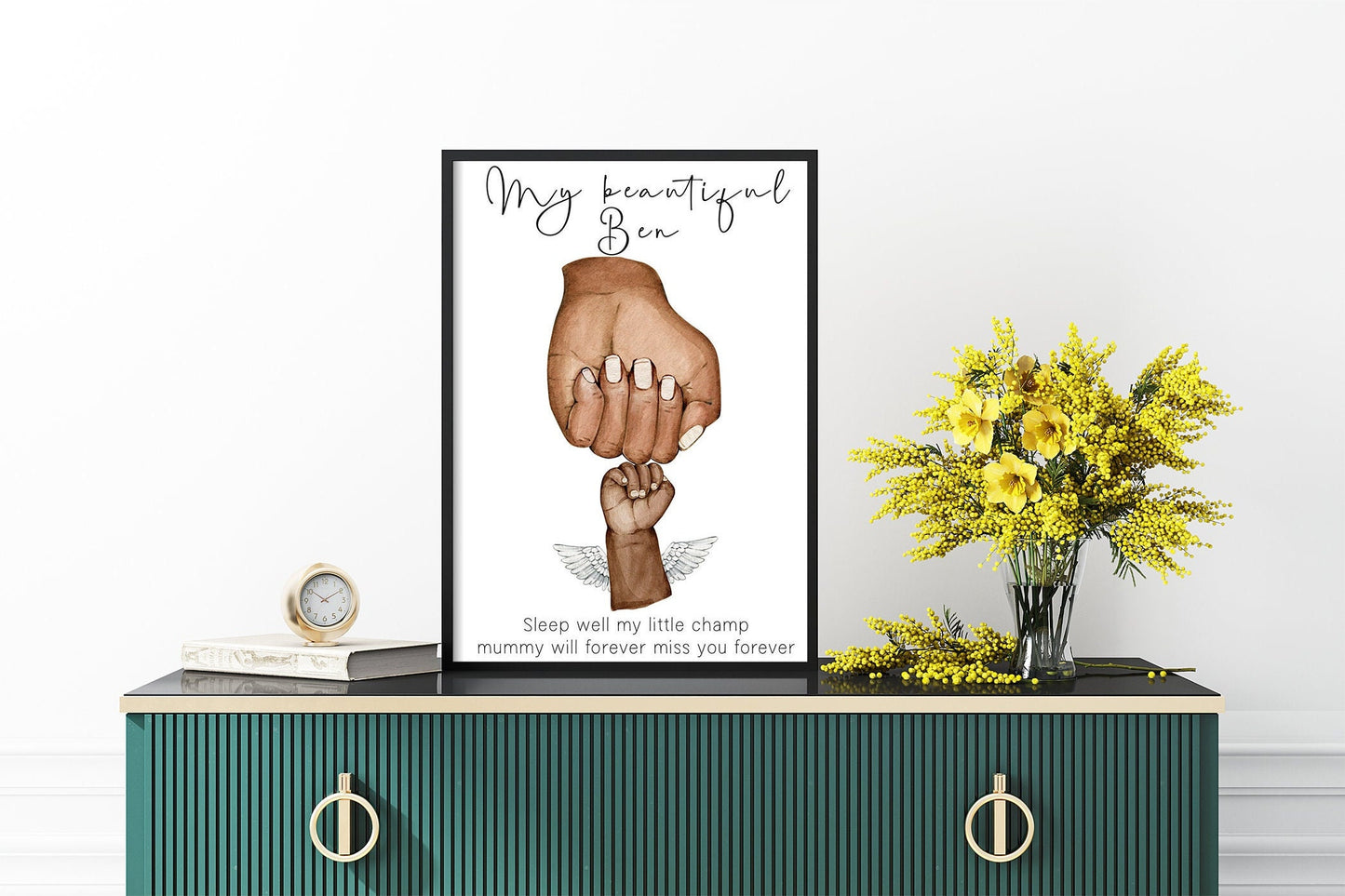 Miscarriage baby portrait with mum and baby hands | Baby memorial artwork | Angel baby print | Natural skin tones or Black and white | A3 | A4 | A5 |