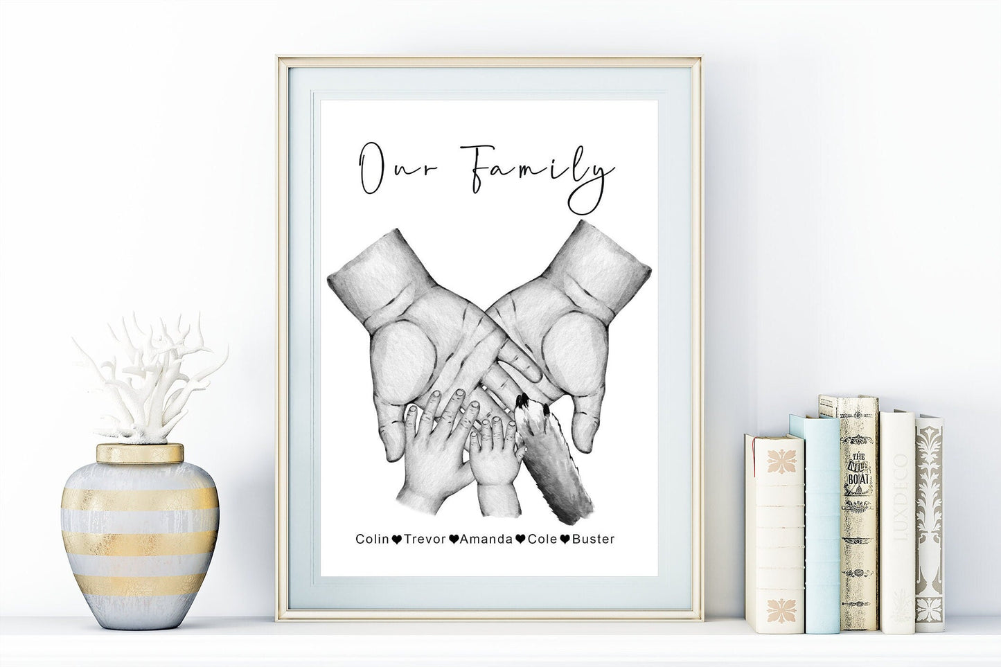 Custom portrait of family hands | Natural skin tones or Black and white | 1-5 children, dog and cat paws | A3 | A4 | A5 | Greeting card