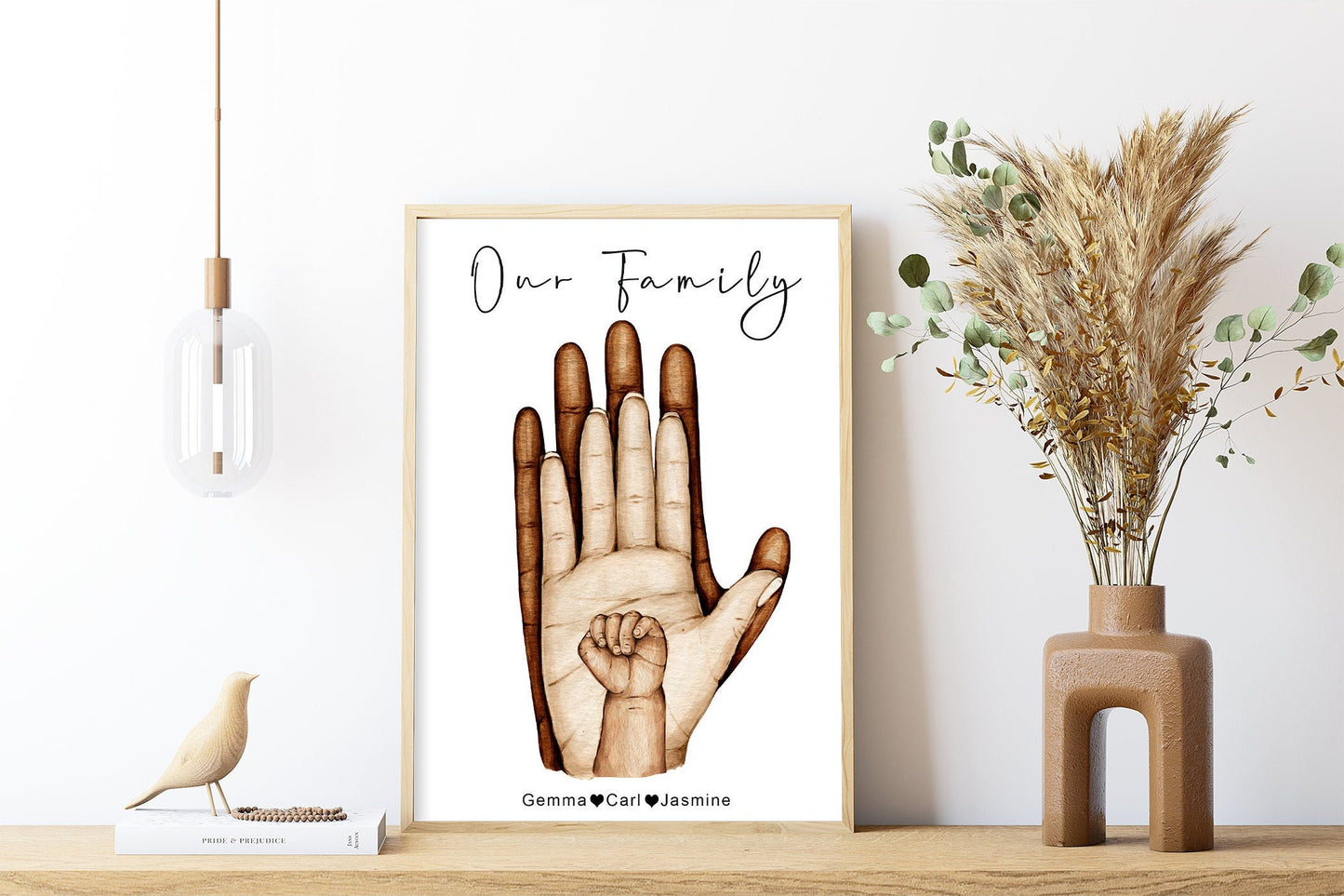 Personalised family hand palms watercolour portrait | Natural skin tones or Black and white | 1-5 children, dog and cat paws | A3 | A4 | A5 |