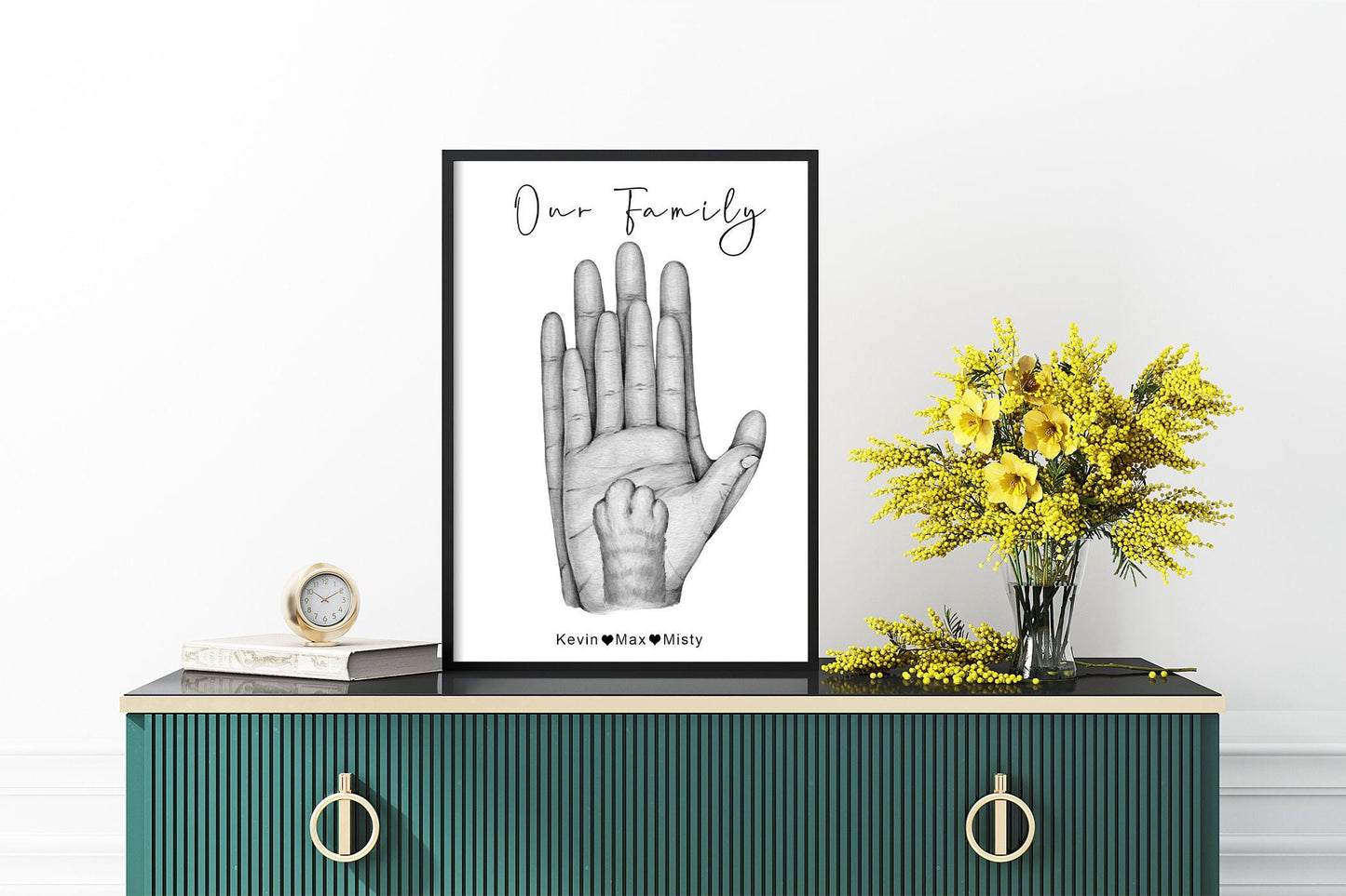 Personalised family hand palms watercolour portrait | Natural skin tones or Black and white | 1-5 children, dog and cat paws | A3 | A4 | A5 |