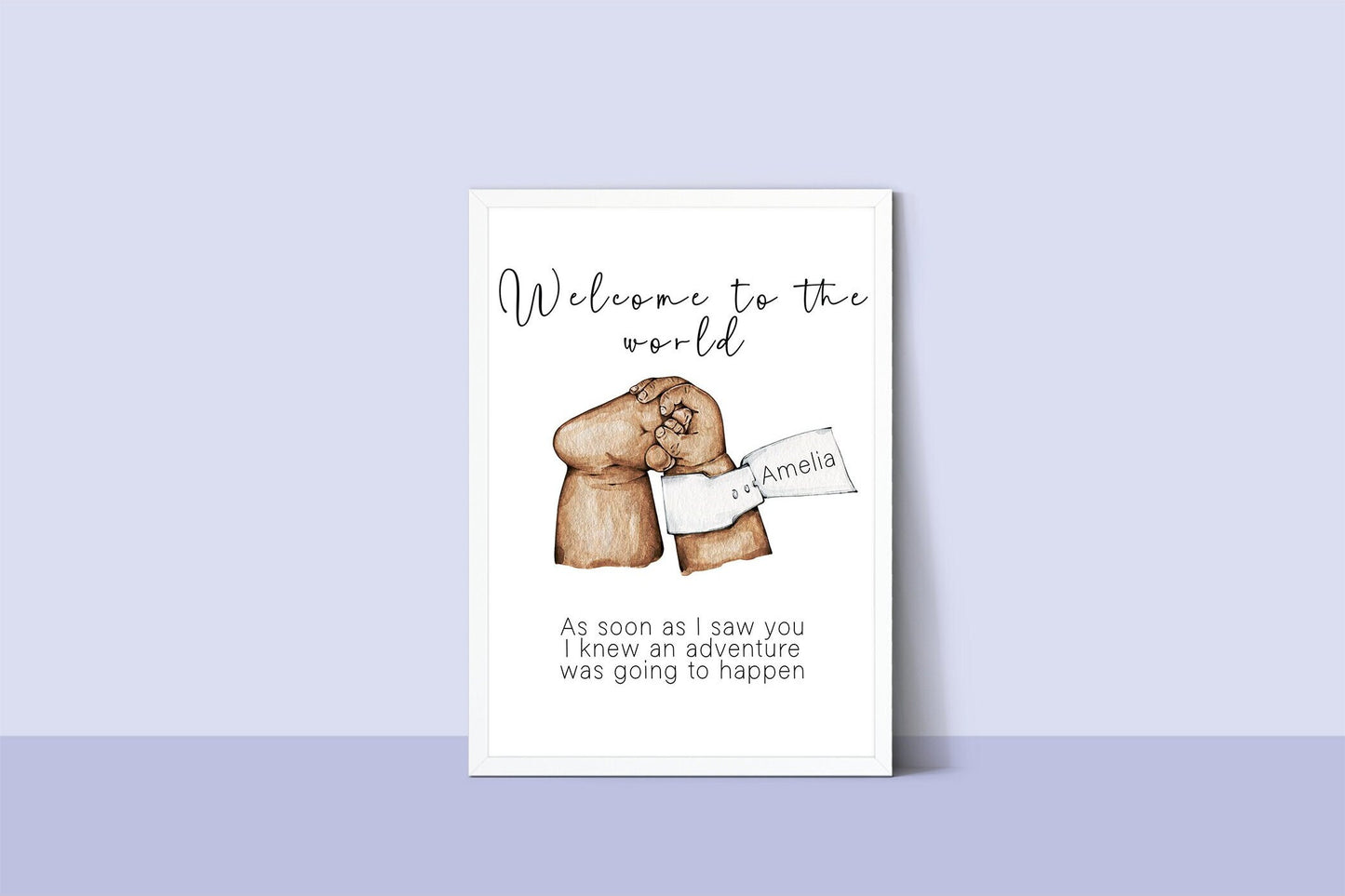 New born baby foot with personalised tag portrait | Welcome new baby print in natural skin tones or Black and white | A3 | A4 | A5 |
