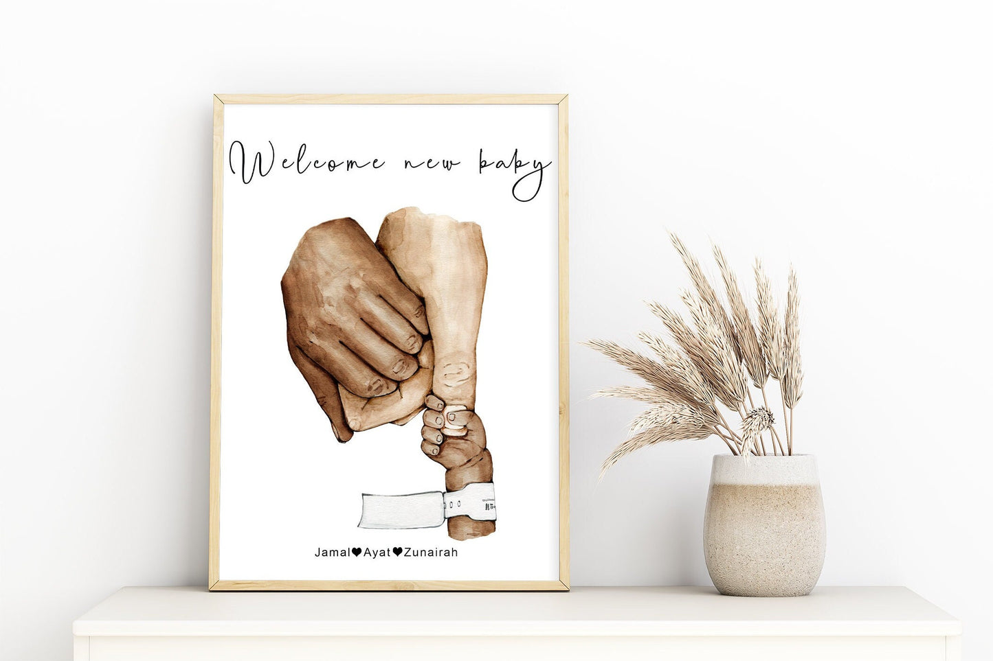 Premature baby with parent hands print | Mummy and daddy with newborn premie's hand | Natural skin tones or Black and white | A3 | A4 | A5 |