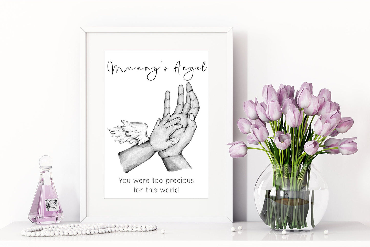 Miscarriage baby portrait with mum and baby hands | Baby memorial artwork | Angel baby print | Natural skin tones or Black and white | A3 | A4 | A5 |