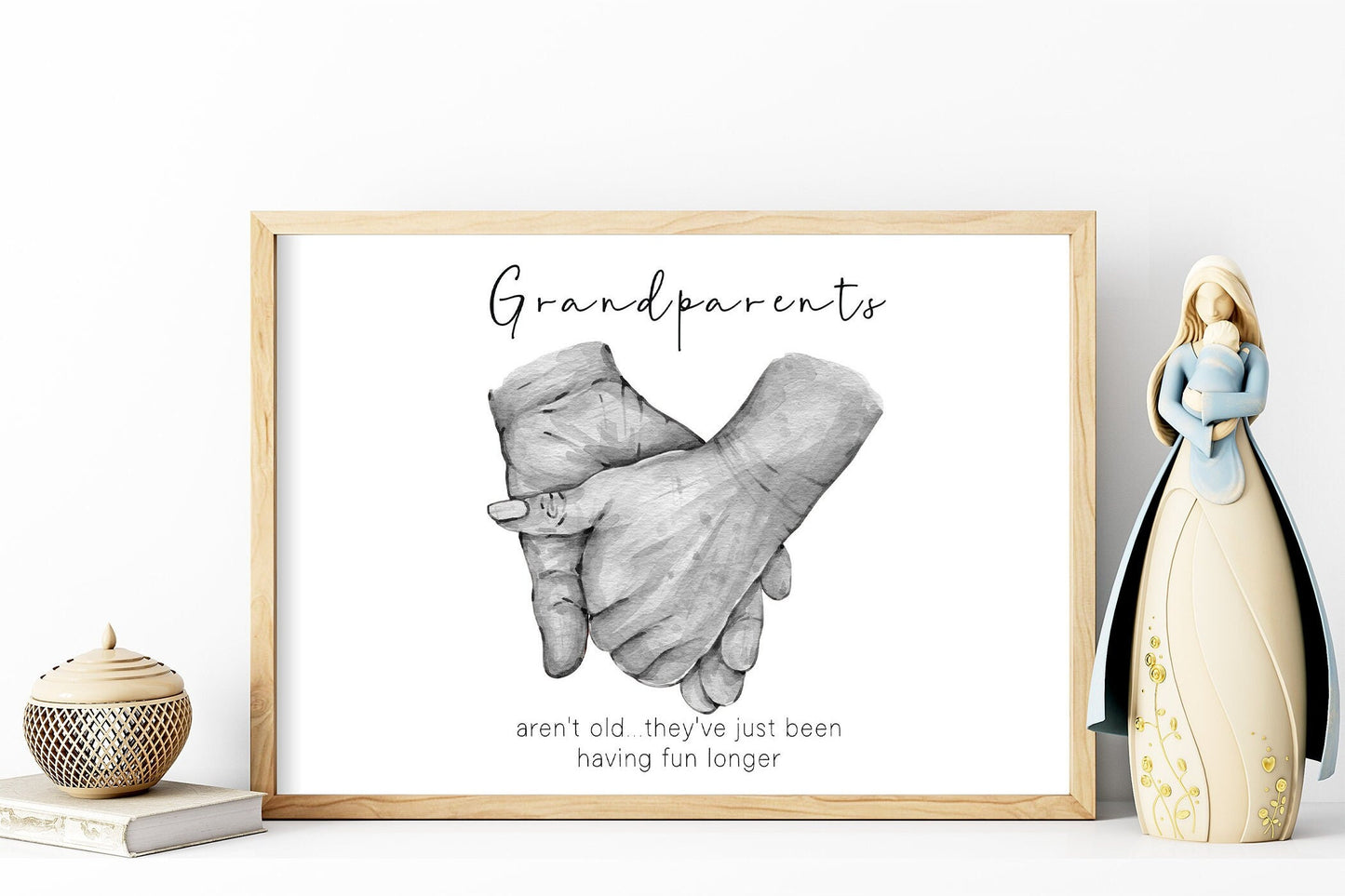 Watercolour portrait of grandma and grandad holding hands | Older couple gift print | Black and white or full colour | A3| A4 | A5 |