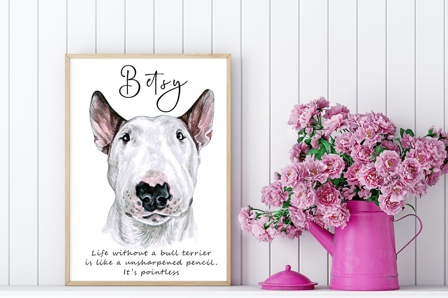 Bull terrier wall art - charming dog portraits with custom funny or heart warming message | A4 | A5 | Greeting card
