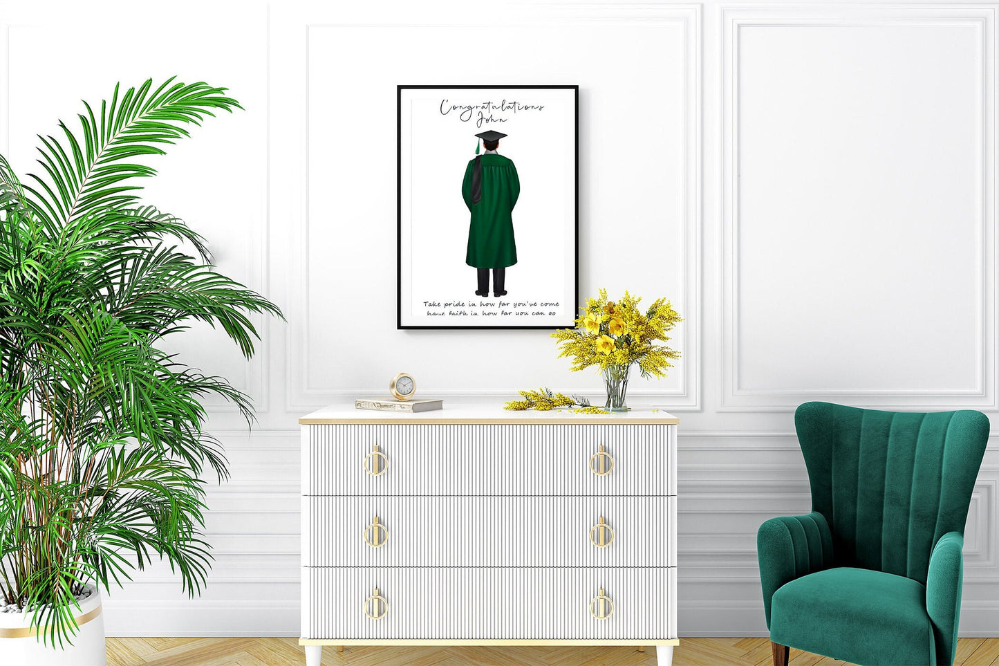 Custom graduation portrait for University leavers featuring cap and gown in variety of colours | A4 | A5 | Greeting card