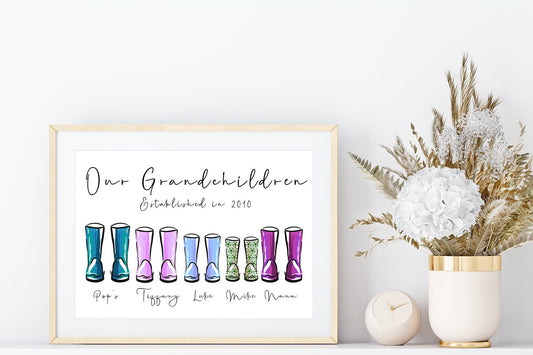 Personalised grandma wellies print | custom grandparent wellington boots wall art with cat and dog paws | A5 | A4 | A3
